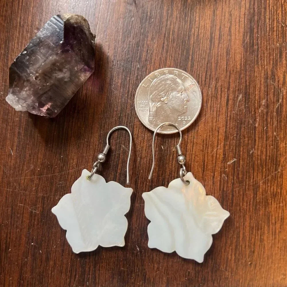 Ivory Shell Carved Hibiscus Drop Earrings